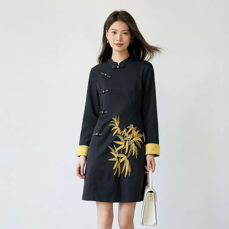 【奢姿】大码女装2025冬季胖妹妹时尚金竹中式连衣裙质国风显瘦长裙