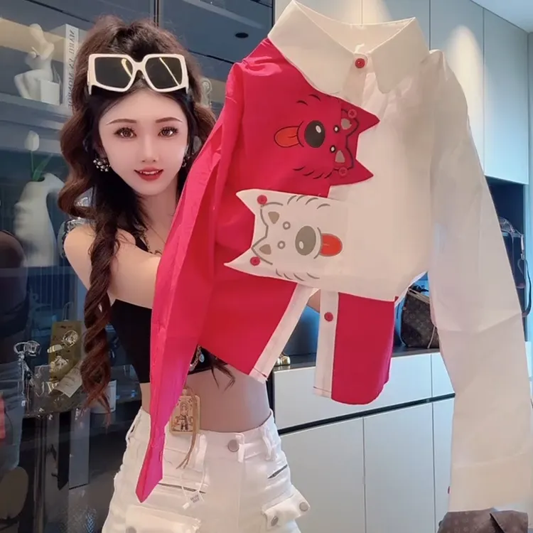 2025春秋季新款女士卡通猫咪不规则长袖衬衫宽松洋气时尚减龄上衣