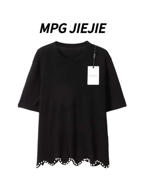 MPG JIEJIE【优雅结构】早秋大码钉珠针织短袖上衣