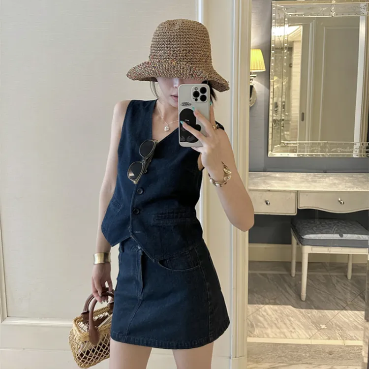 西部腔调美式复古牛仔无袖马甲上衣直筒修身显瘦半身裙两件套女