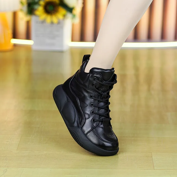 51328新头层牛皮高帮休闲短靴女加绒保暖棉靴松糕厚底真皮高帮鞋