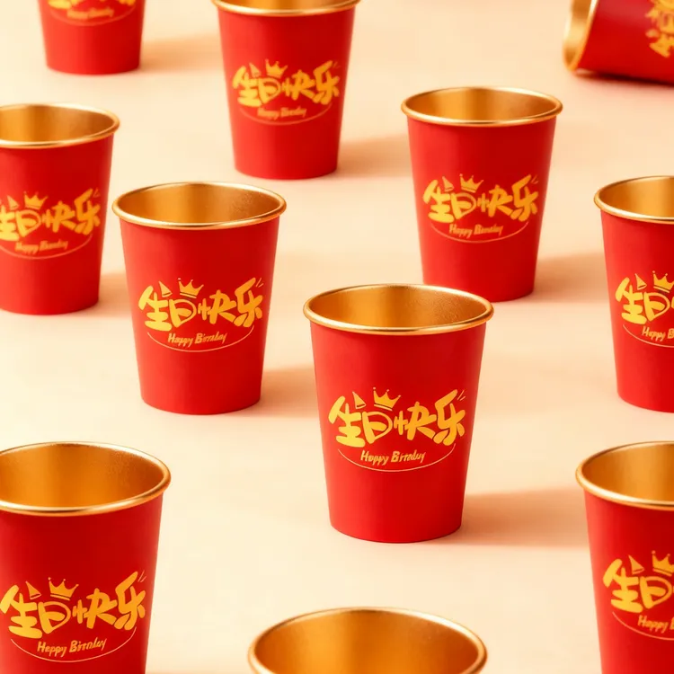 新款生日快乐一次性纸杯加厚金箔水杯周岁宴大人小孩生日派对杯
