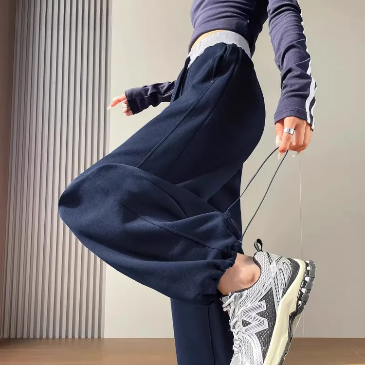 藏青色美式运动卫裤女秋2025新款冬季加绒抽绳阔腿弯刀裤休闲百搭