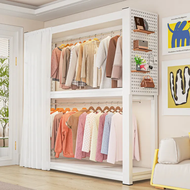 双层货架衣柜家用开放式挂衣架卧室落地儿童衣帽架简易防尘置物架