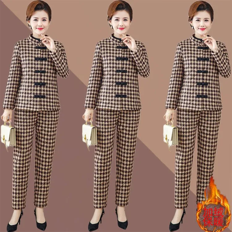 两件套冬装新款加绒保暖棉衣棉裤中年妈妈棉袄民族风裤套装外套女