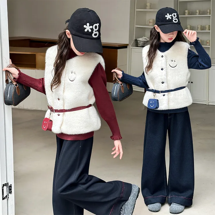 2025新款女童毛毛衣马甲中大童长袖打底衫儿童加绒牛仔裤套装潮款