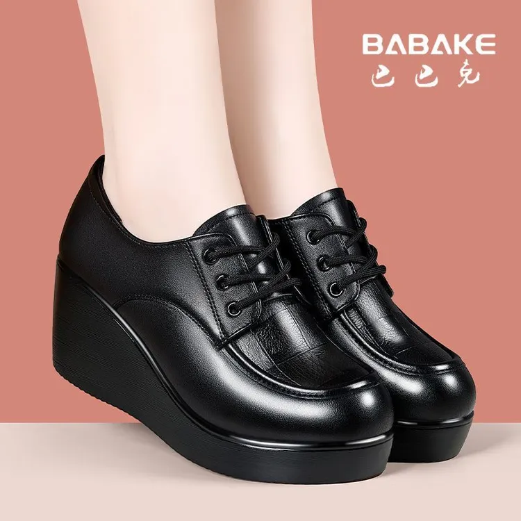 巴巴克大叔深口单鞋女新款厚底圆头坡跟系带妈妈鞋软底舒适高跟鞋