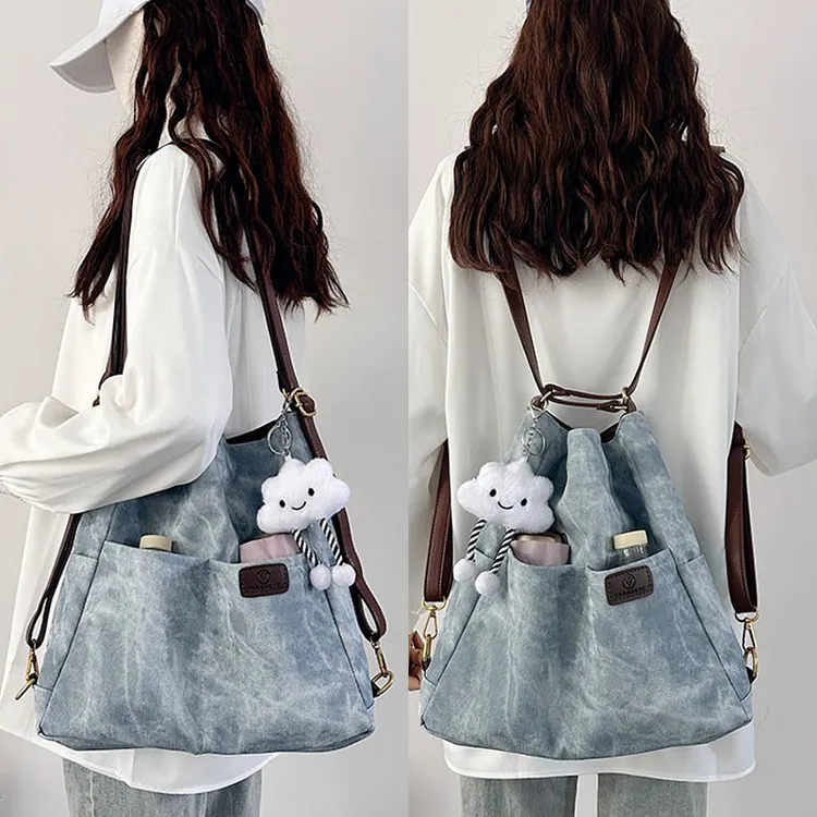 牛仔纹软皮三用包包女大容量通勤单肩托特包百搭大学生上课斜挎包