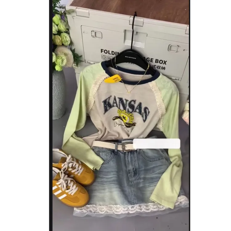 曼曼【长夏绿野】韩系百搭复古字母显瘦拼接撞色长袖T恤