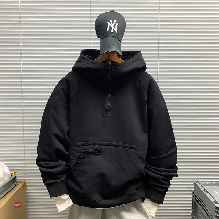 重磅潮牌连帽半拉链套头卫衣外套男秋冬加厚简约休闲宽松百搭上衣