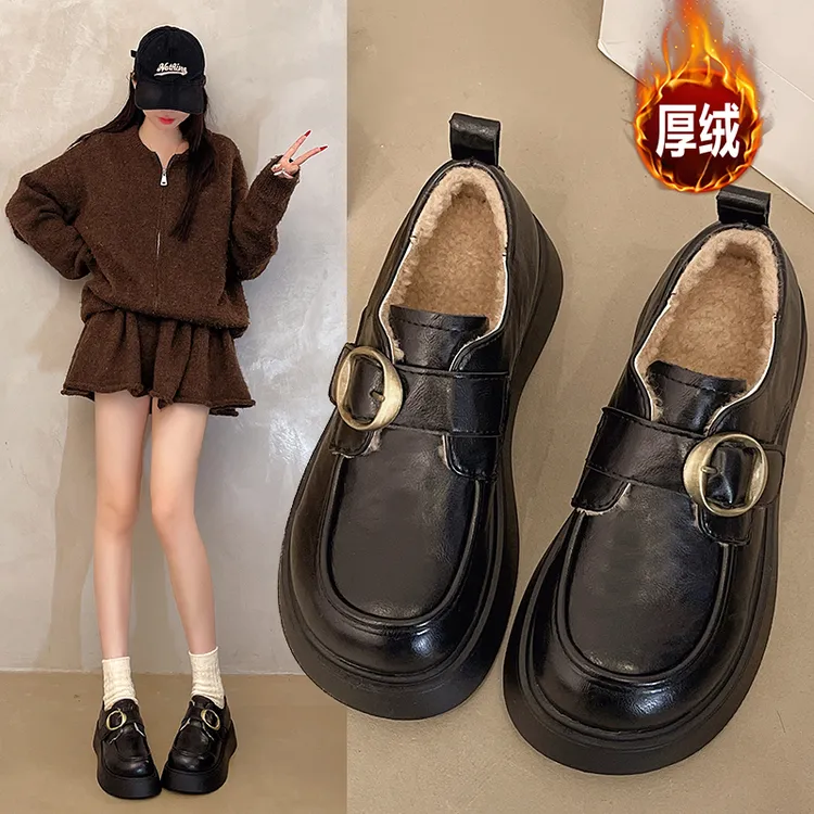 厚底小皮鞋女2025秋冬新款加绒复古百搭松糕黑色jk鞋一脚蹬乐福鞋