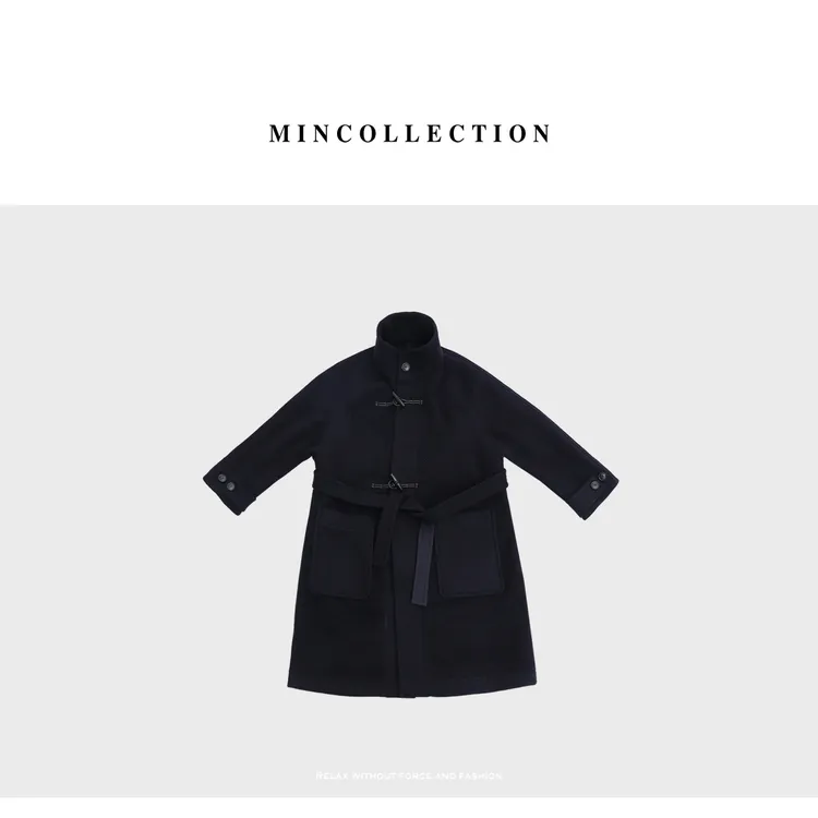 DE Mincollection藏蓝牛角扣大衣/立绒全羊毛双面呢大衣FB2090