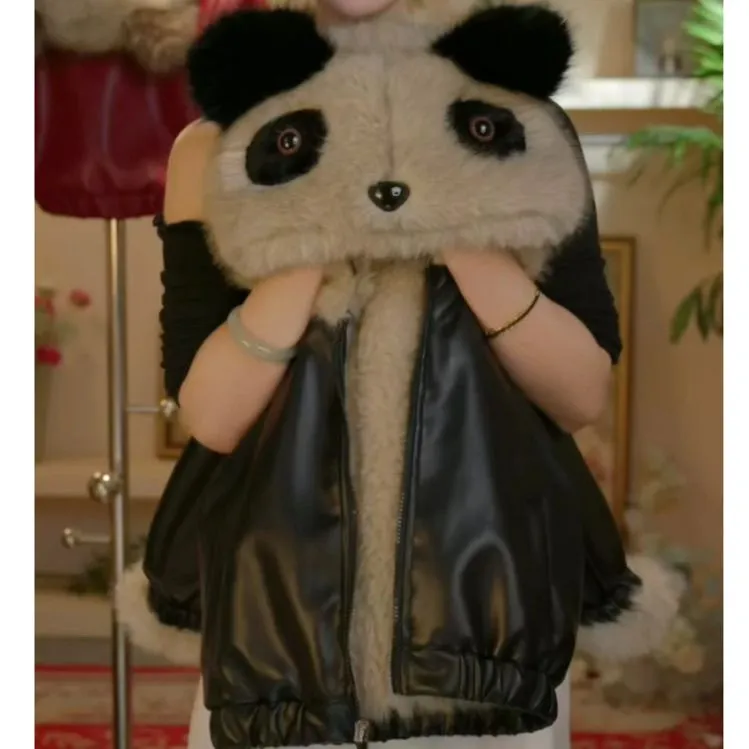 儿童冬季加绒加厚外套2025新款可爱小熊猫免洗皮衣男女宝时尚夹克