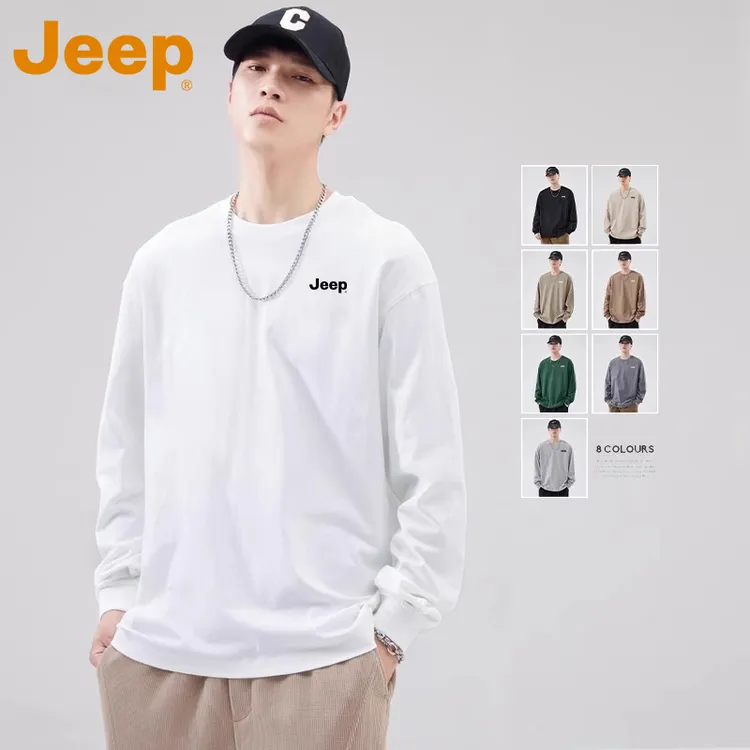 JEEP吉普重磅纯棉长袖T恤男士2025新款秋季宽松简约休闲上衣男款