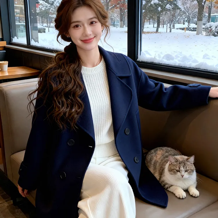 冬季韩风藏青色休闲双排扣羊毛大衣6502