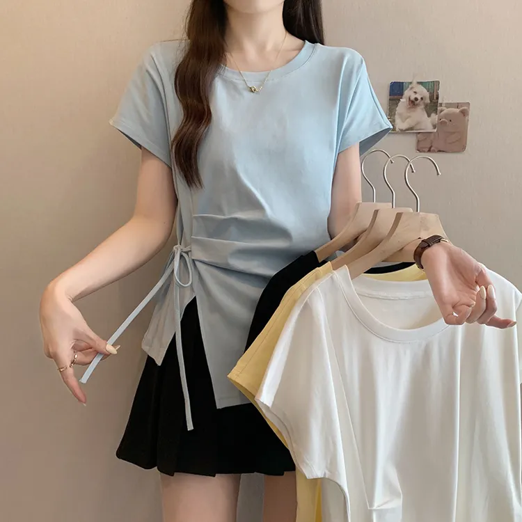 2025夏装新款胖mm大码女简约圆领褶皱立体蝴蝶结短袖T恤