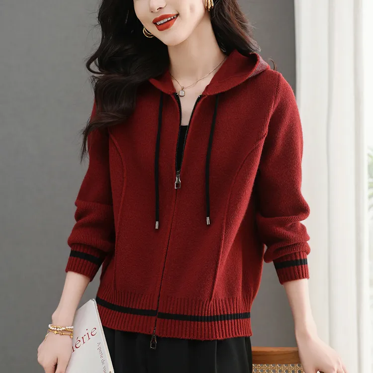 拉链连帽针织外套简约时髦洋气上衣短款休闲百搭女装开衫2025新款