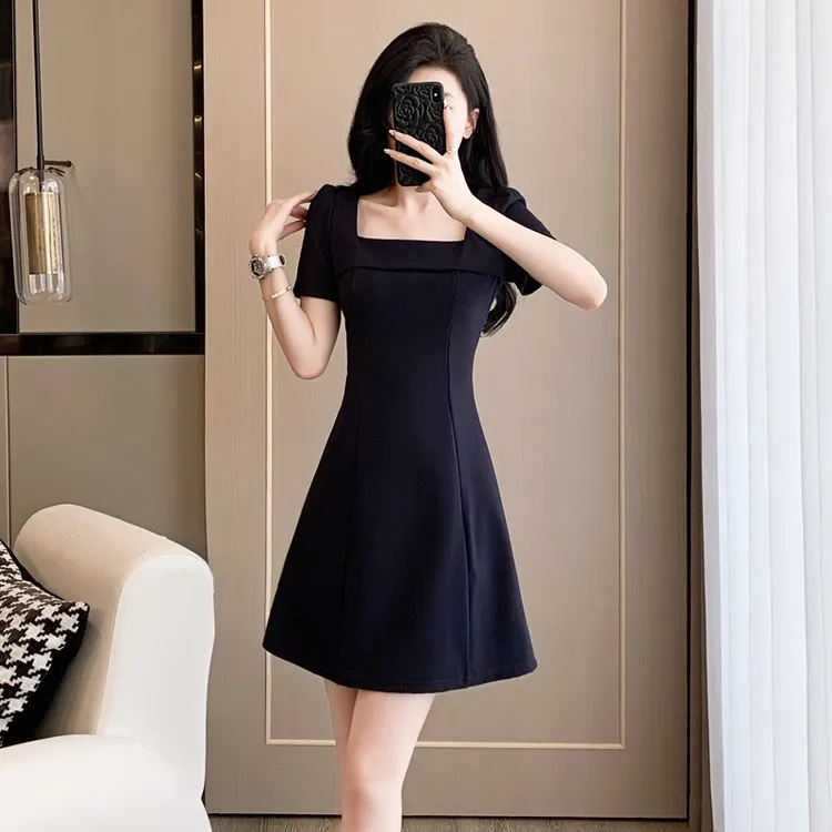 法式新款独特大方连衣裙高端藏青色A字裙夏季方领上档次女装裙子