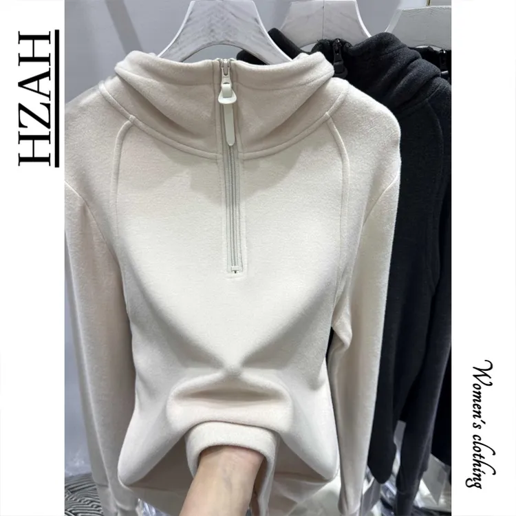 HZAH官方德绒加厚秋冬纯色长袖洋气连帽宽松卫衣休闲打底百搭上衣