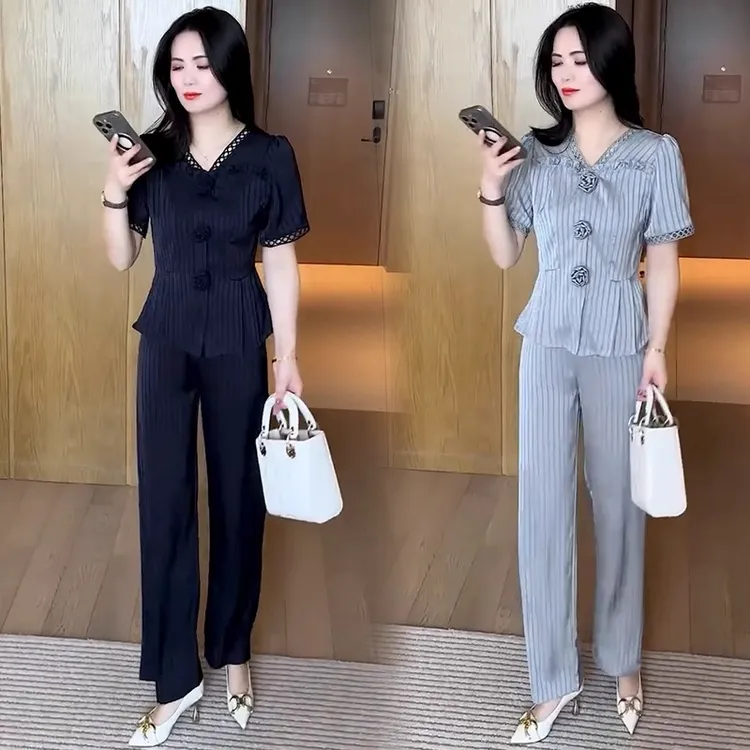 时尚冰丝套装女2025夏季新款洋气显瘦设计感短袖上衣阔腿裤两件套