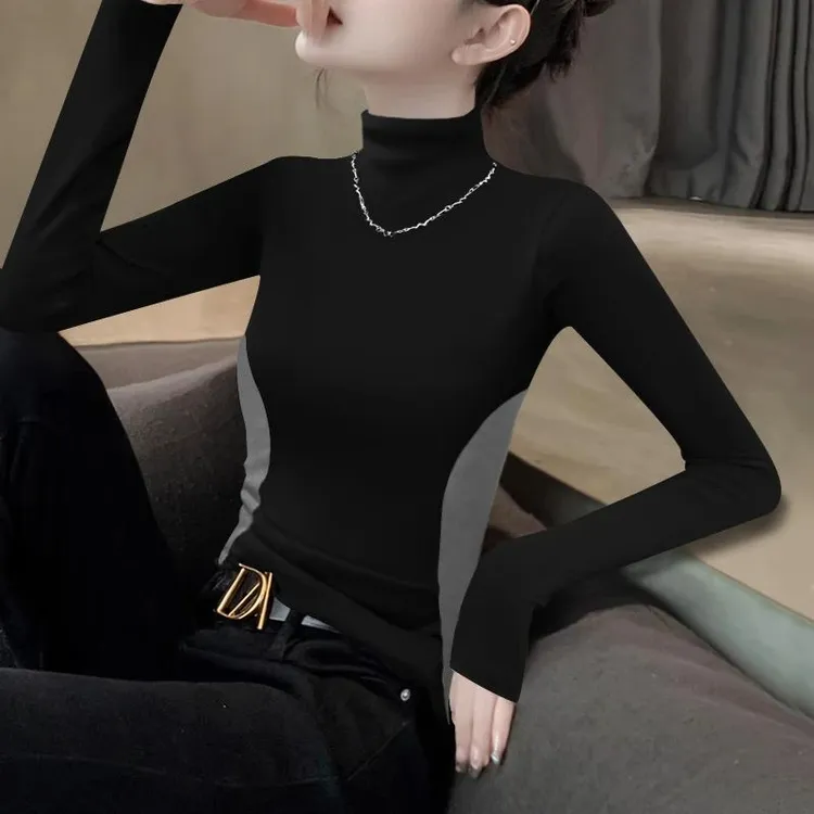 2024新款秋冬撞色半高领显瘦修身设计感打底衫内搭女t恤长袖上衣