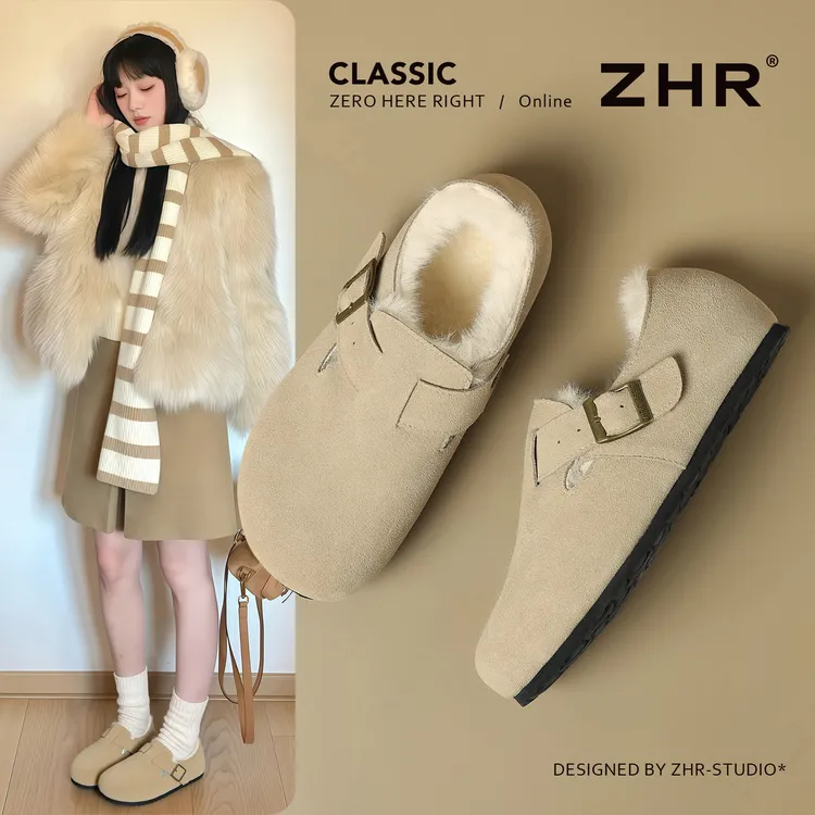 ZHR加绒勃肯鞋女新款冬平底保暖毛毛雪地秋冬棉鞋一脚蹬全包单鞋