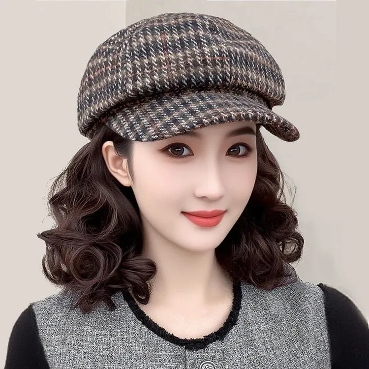 帽子假发秋冬新款妈妈款短卷发假发帽千鸟格八角帽慵懒气质全头套