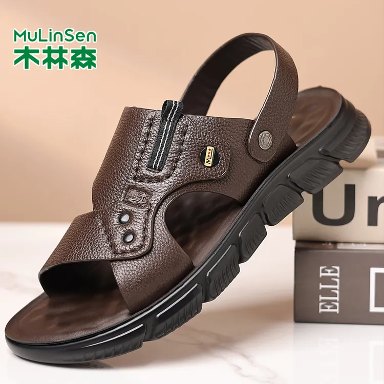 木林森凉鞋男士夏季外穿休闲运动真皮爸爸开车软底皮凉鞋男款新款