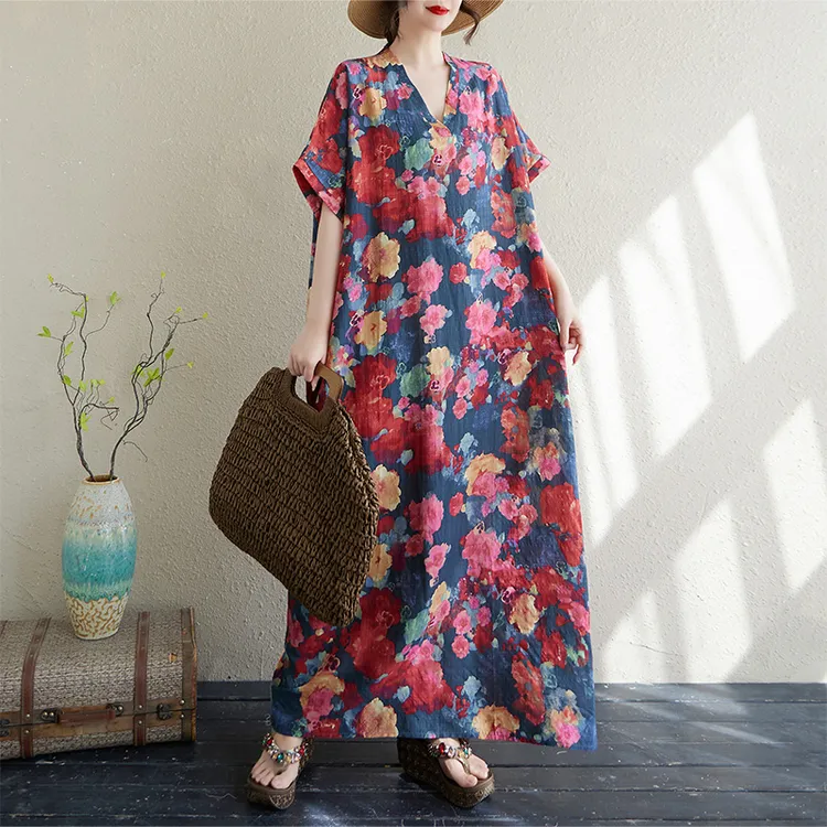 大码胖mm遮肚连衣裙棉麻女装夏季2025新款长款袍子度假风显瘦长裙