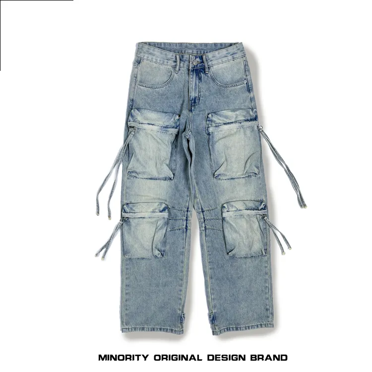 新款潮牌美式休闲多口袋工装牛仔裤男直筒宽松复古阔腿裤潮拖地裤