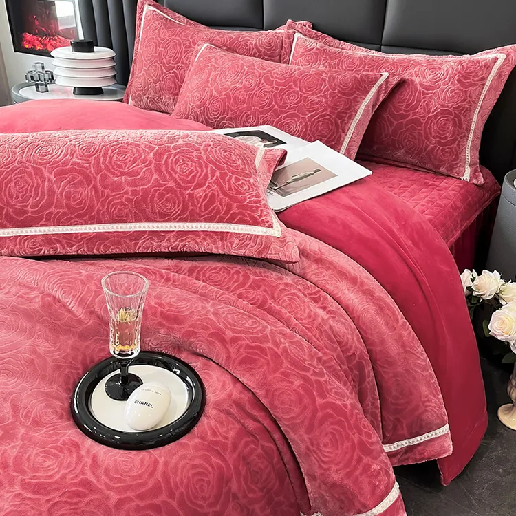 高端雕花牛奶绒四件套冬季加厚珊瑚绒水晶绒被套加绒床单床上用品