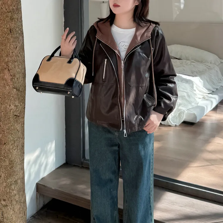 2025秋季新款韩系帅气机车风大码pu皮外套女宽松显瘦拼接连帽上衣