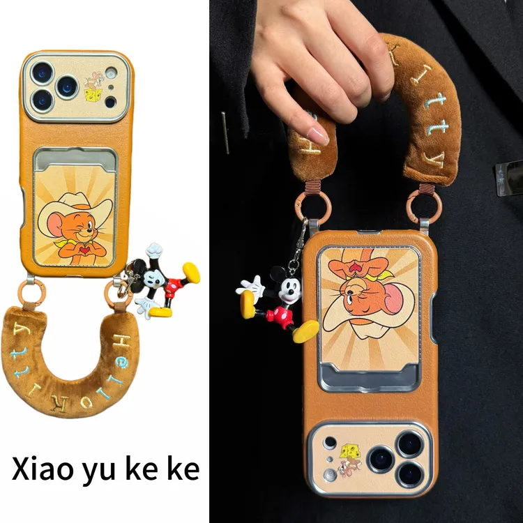 卡通皮纹卡包比心杰瑞适用iPhone17promax手机壳苹果16pro腕带15