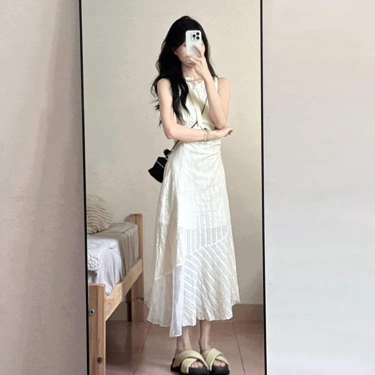 【现货+运补】背心无袖白色连衣裙子女夏季海边度假长裙4345