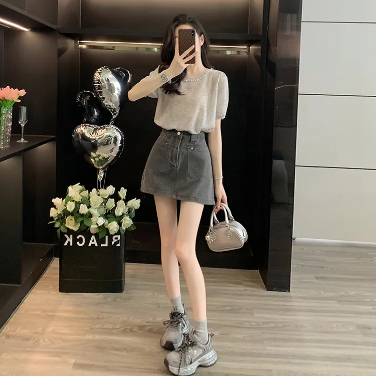 灰色圆领钉珠薄款短袖针织衫女小个子高腰显瘦a字牛仔短裙半身裙