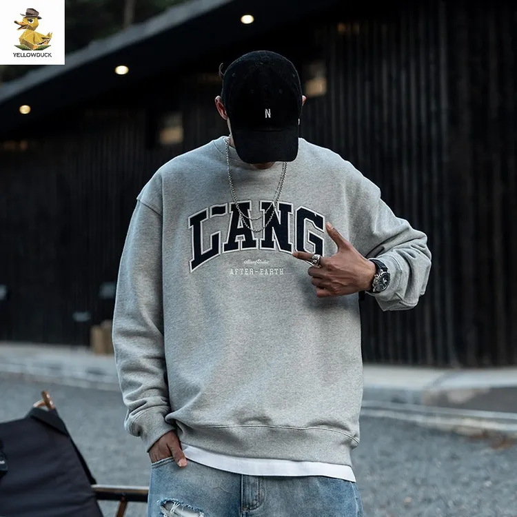 欧美高街字母印花卫衣男春秋潮牌宽松圆领内搭品质打底衫上衣