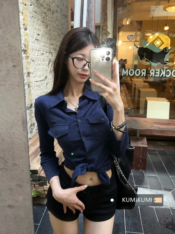 气质纯欲风性感翻领长袖衬衫女夏季修身收腰绑带衬衣白色开衫上衣