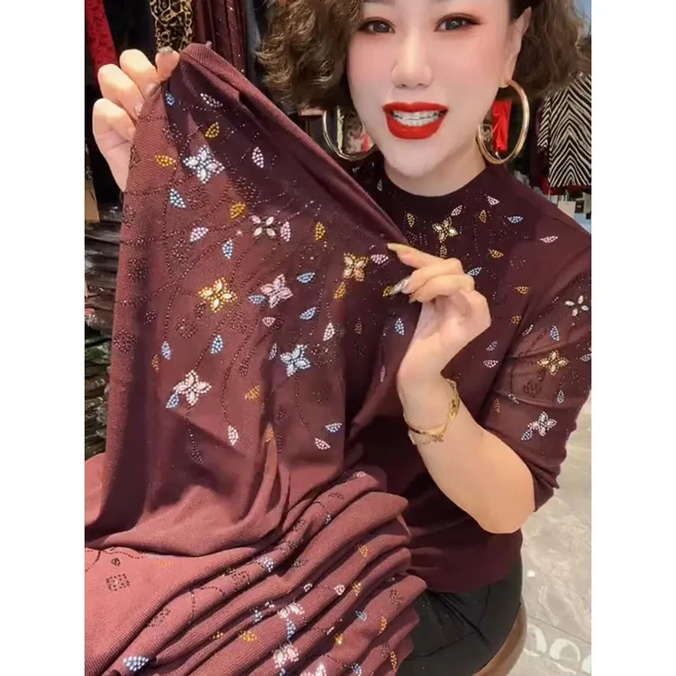 网纱大码重工彩钻半高圆领打底衫秋季舒适洋气妈妈上衣女81070