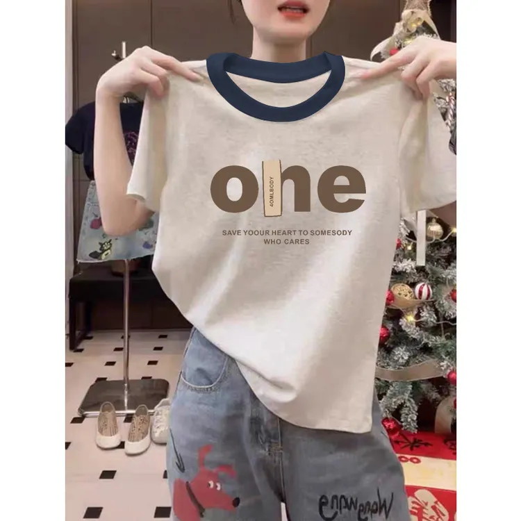 2025新款正肩纯棉短袖t恤女ins休闲百搭插色洋气撞色灰色上衣夏季