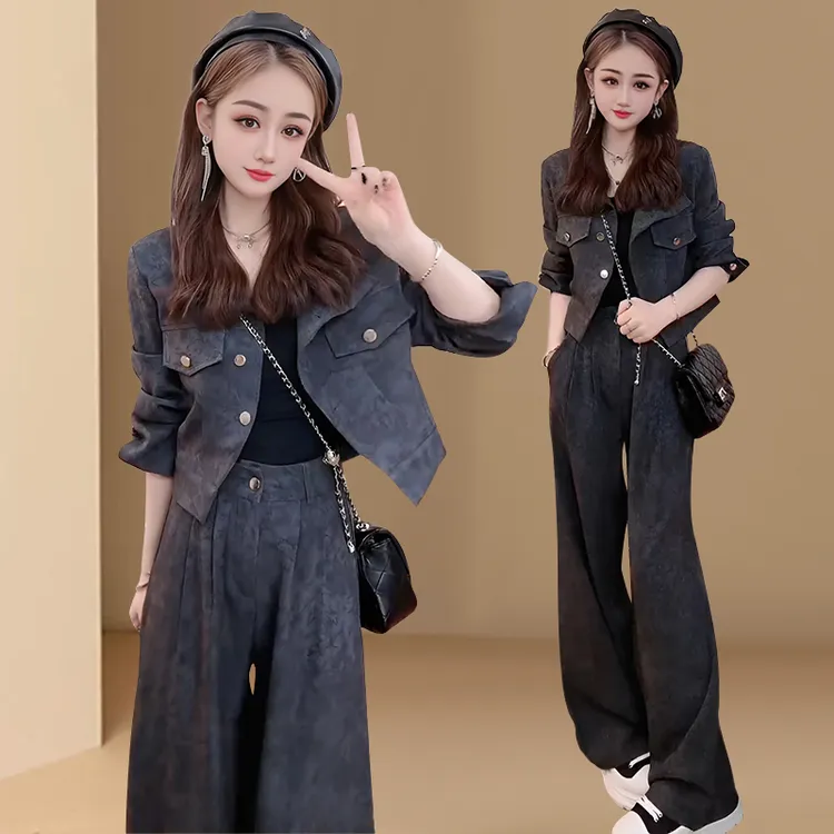 春秋高档休闲套装女大码新款气质时尚翻领暗花开衫运动风两件套裤