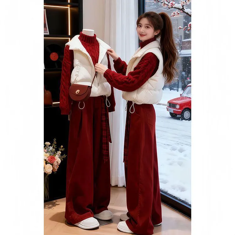 新年圣诞红色套装女冬季白色棉服马甲外套红色毛衣阔腿裤三件套装