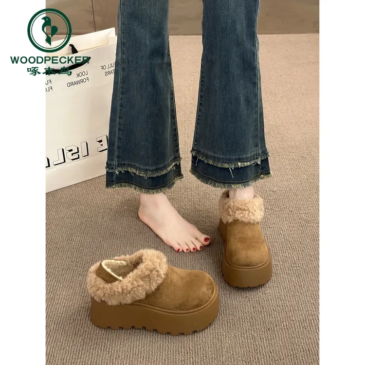 啄木鸟加绒加厚棉鞋女2025年冬季新款一脚蹬毛毛鞋外穿保暖雪地靴