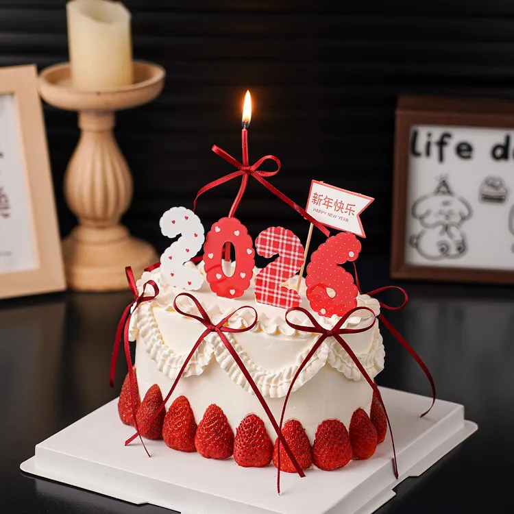 网红新年春节蛋糕装饰2026多巴胺数字蝴蝶结丝带除夕跨年烘焙装扮