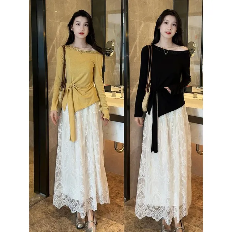 早春穿搭一整套女烫钻修身不规则纯欲风上衣+蕾丝半身裙两件套潮