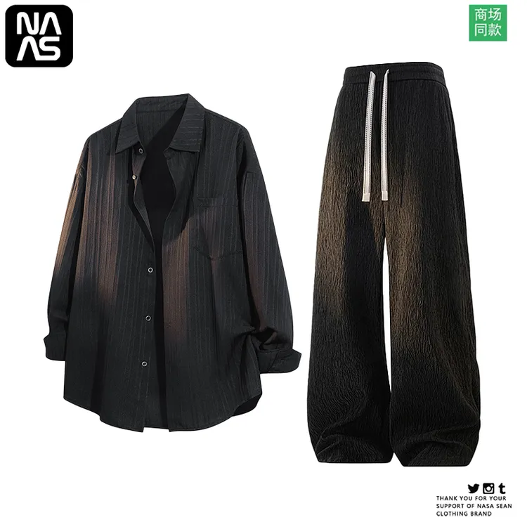 NASA长袖纹理衬衫休闲裤套装男款春夏秋季垂感休闲直筒裤子两件套