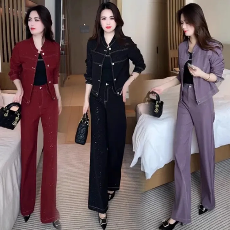 时尚牛仔套装女士春秋新款洋气减龄短款外套高腰阔腿裤休闲两件套