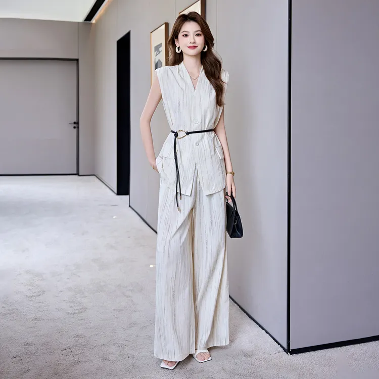 新款夏时尚高端简约气质御姐条纹系带收腰马甲阔腿裤两件套女