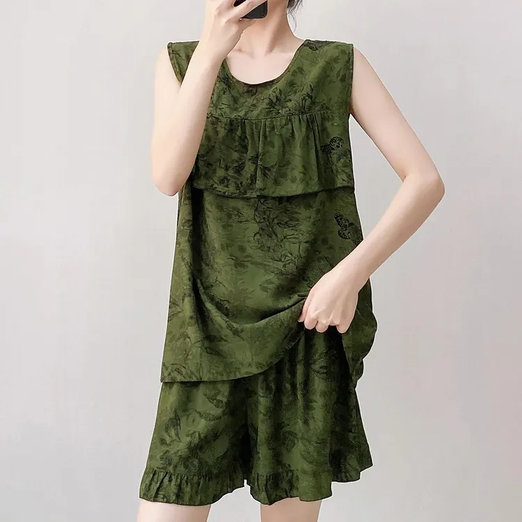 防凸点薄款棉绸套装女中老年妈妈宽松背心人造棉家居服可外穿睡衣