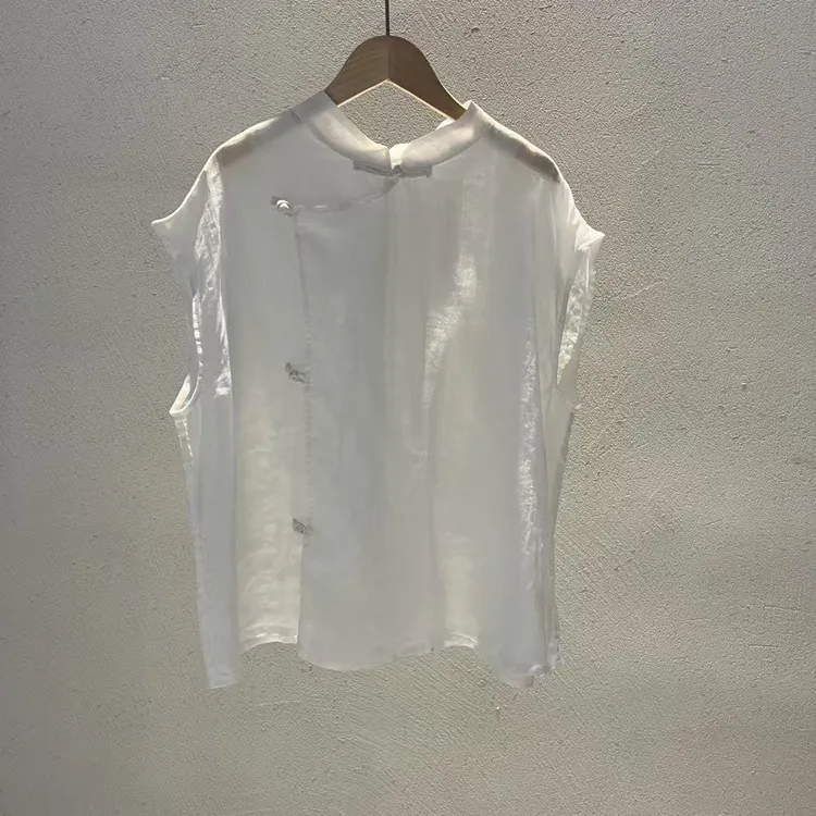 苎麻盘扣背心无袖衬衫简约优雅显瘦凉快百搭上衣