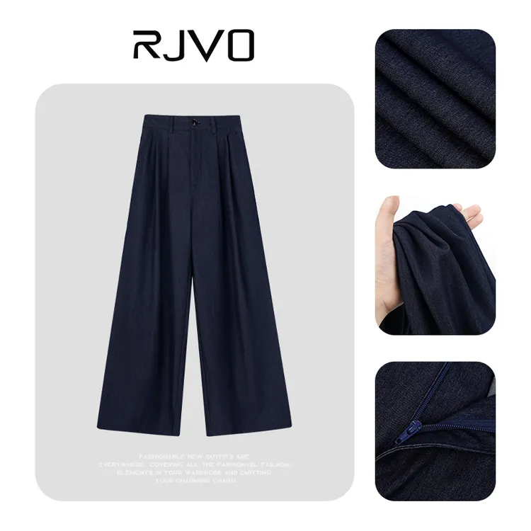 RJVO新款松紧腰褶皱垂顺阔腿裤高腰宽松显瘦时尚舒适百搭休闲裤